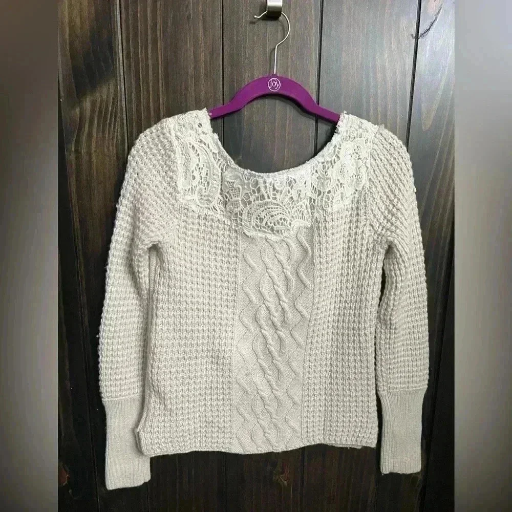 Free People Cropped Ivory Embellished Beaded Lace Wool Blend Sweater S/P